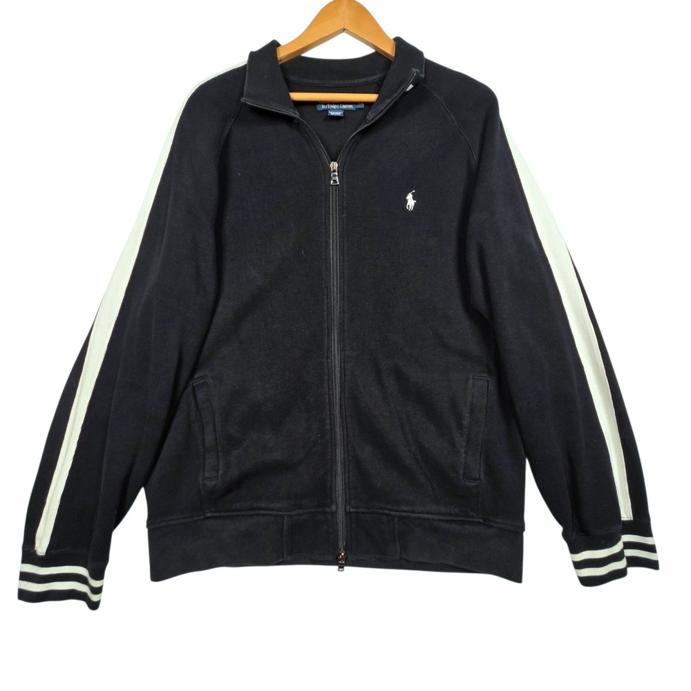 Vintage Polo Ralph Lauren Track Jacket Mens XL Black White Stripe Full Zip Sweat